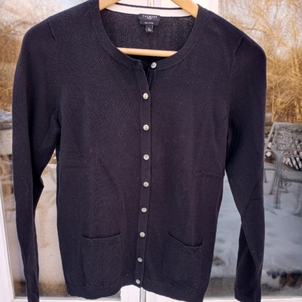 Talbots Black Pima Fine Gauge Cotton Cardigan Size PS
